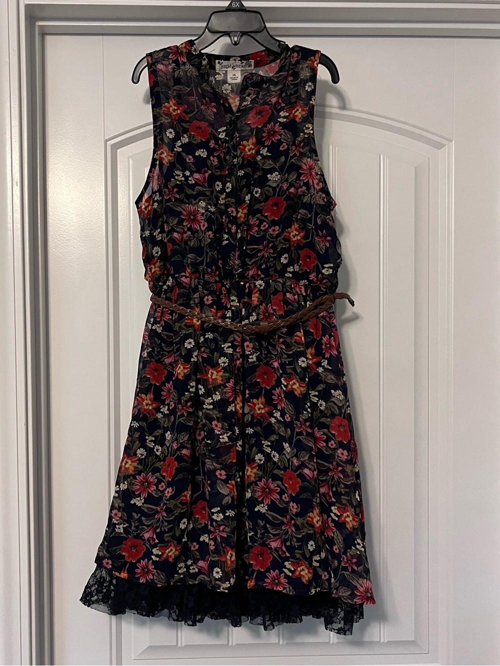 Knitworks Navy Floral Sleeveless Kids Dress with Braided Belt